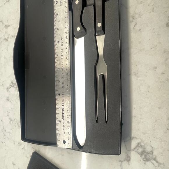 The Pampered Chef Meat Knife & Fork Carving Set w/ Built-In Sharpener & case 8” - Picture 5 of 5